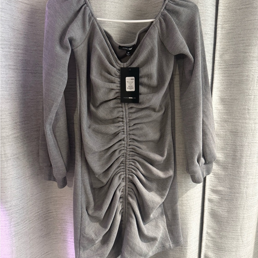 Gray Ruched Long Sleeve Dress